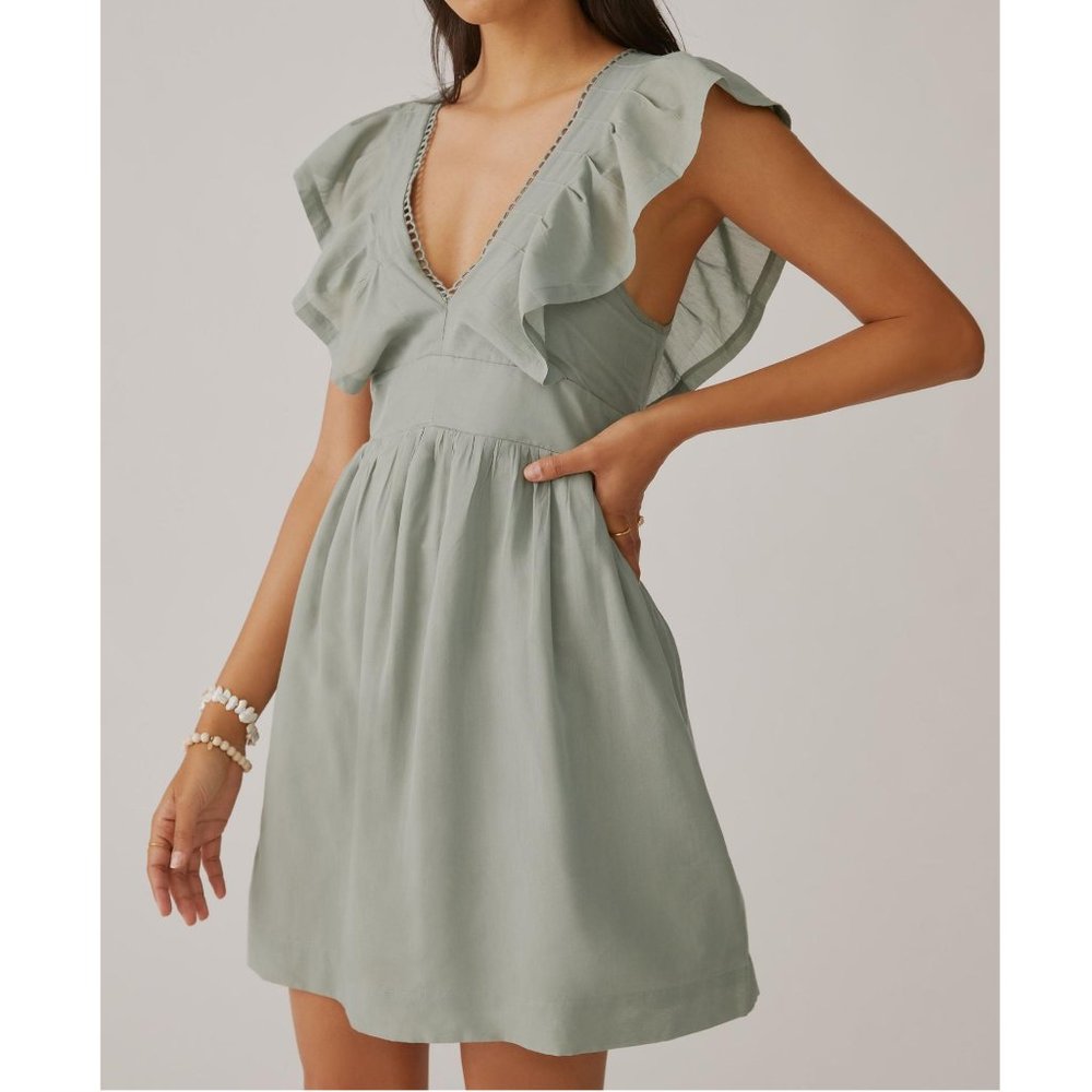 By Anthropologie V-Neck Plunge Tunic Mini Dress Green - XXS